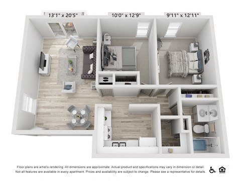 A floor plan of an apartment with three bedrooms, two bathrooms, and a living area.